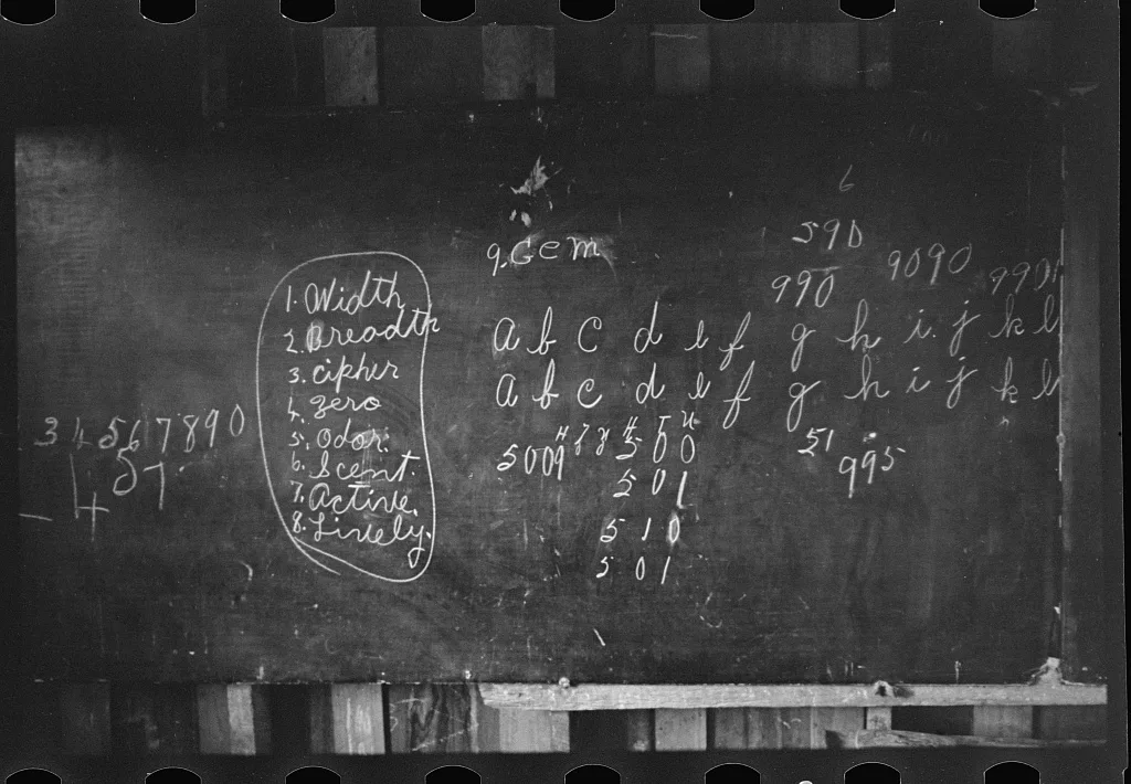 Blackboard in Ozark school, Arkansas, 1935