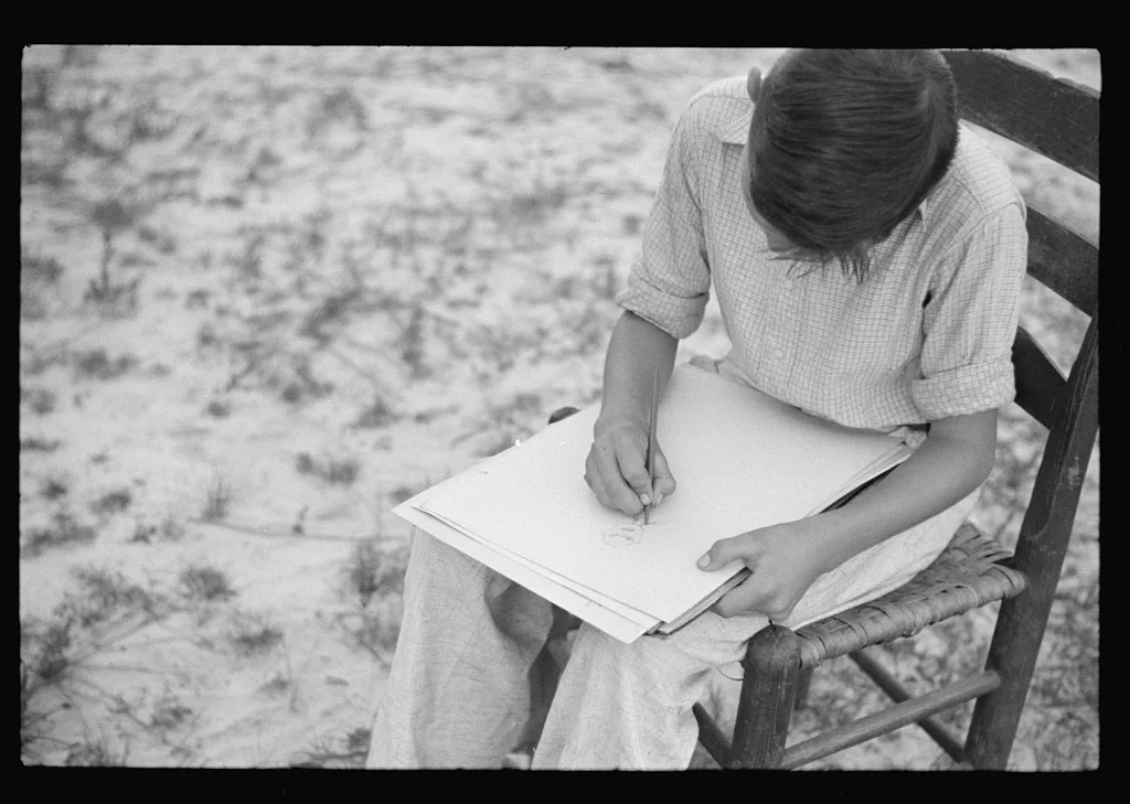 Boy drawing, Penderlea Homesteads, North Carolina, 1937