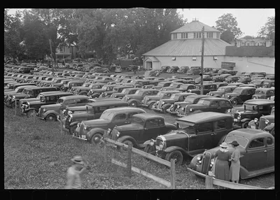 Photograph from 1938: Cars parked near racetrack, Lancaster, Ohio