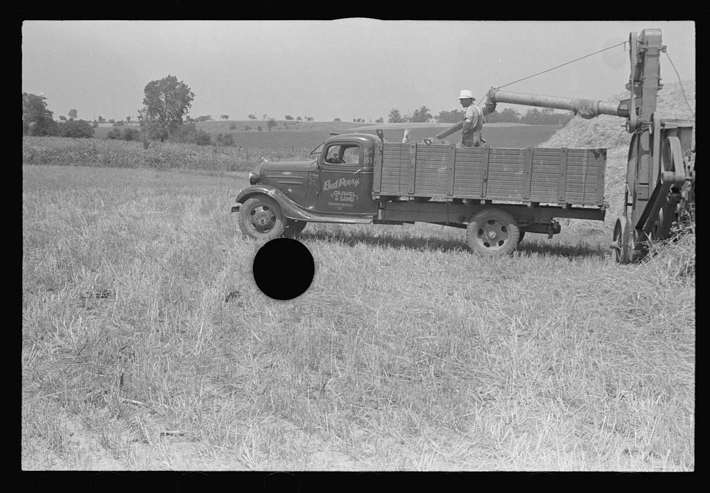[Untitled photo, possibly related to: Filling truck with threshed…, Ohio, 1938