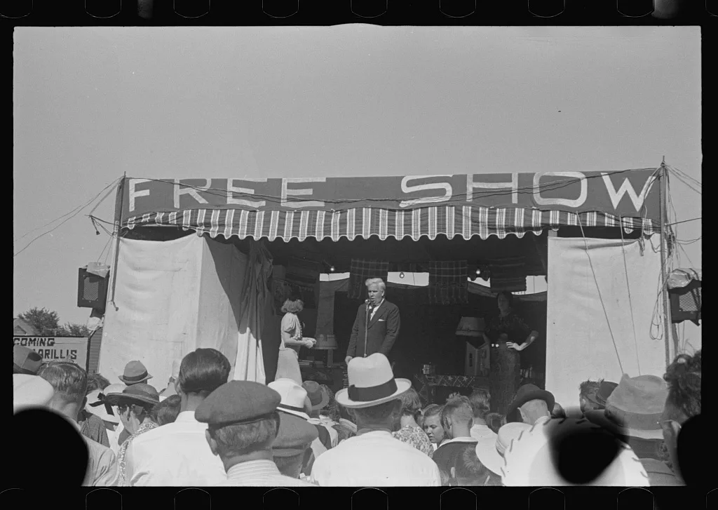 [Untitled photo, possibly related to: Ashville, Ohio. Sideshows at…, 1938