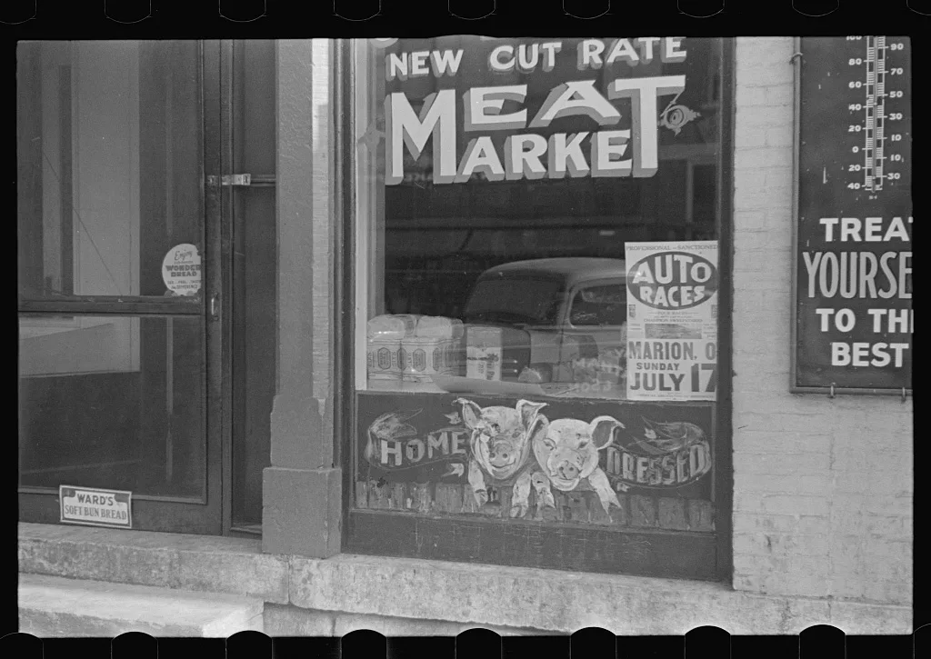 Meat market, Plain City, Ohio, 1938