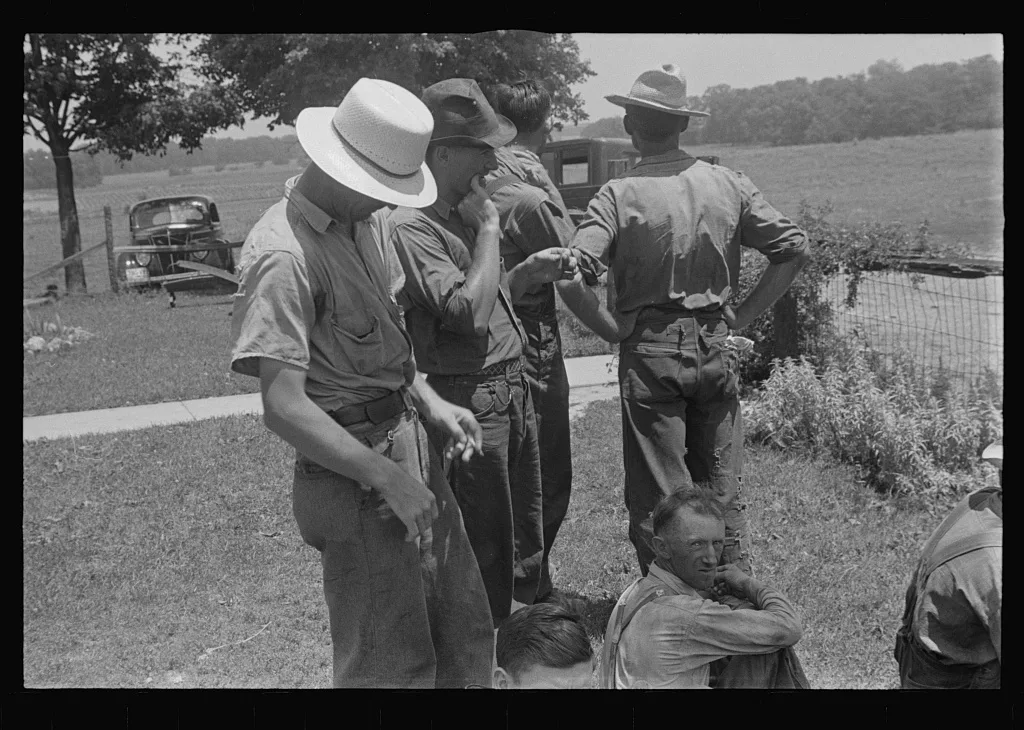 [Untitled photo, possibly related to: Part of threshing crew, waiting…, Ohio, 1938