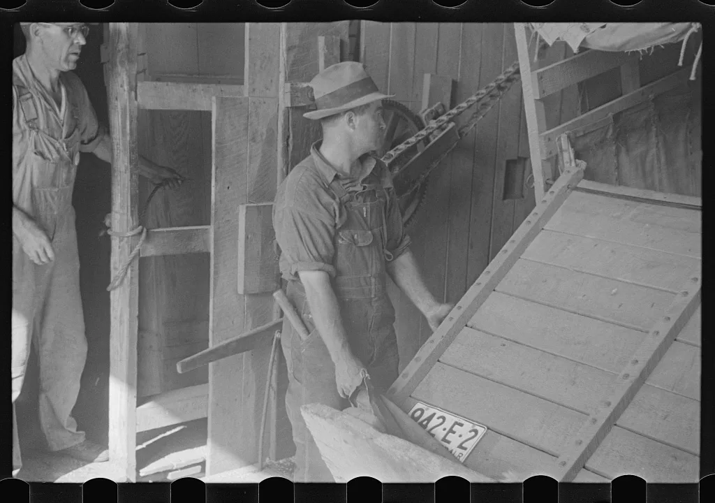 Unloading truck inside grain elevator, Plain City, Ohio, 1938