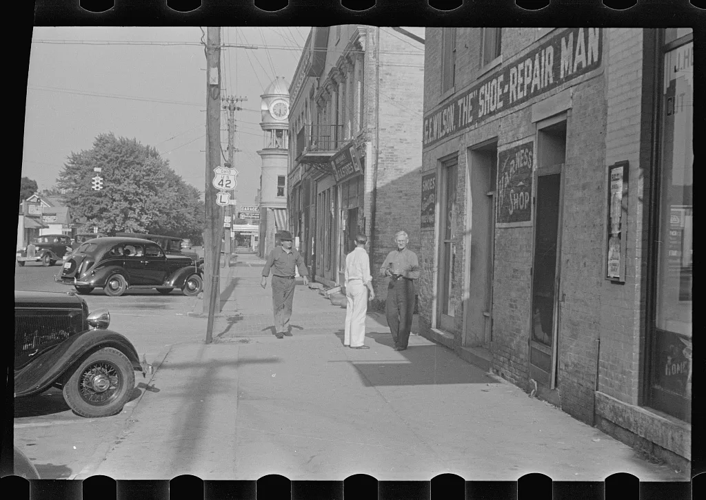 [Untitled photo, possibly related to: Plain City, Ohio. Main street], 1938