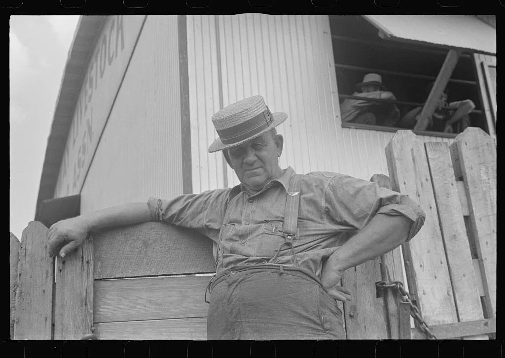 Man at auction at Pickaway Livestock Cooperative Association, central…, Ohio, 1938