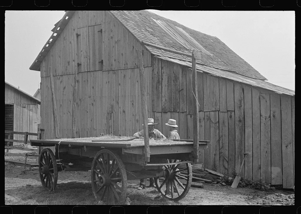 [Untitled photo, possibly related to: Horses on farm during wheat…, Ohio, 1938