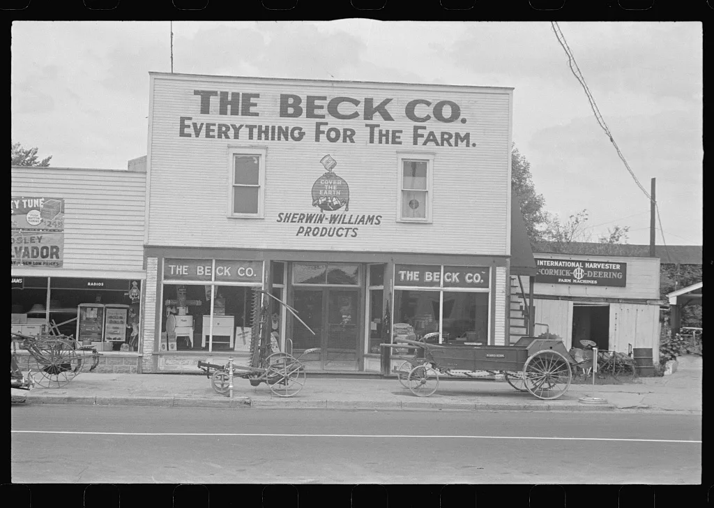 [Untitled photo, possibly related to: Farm implements outside store,…, Ohio, 1938