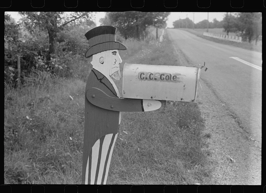 [Untitled photo, possibly related to: Mailbox on farm in central Ohio…, 1938