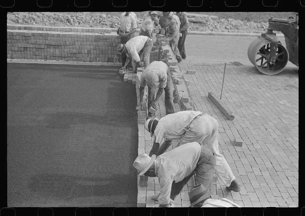 [Untitled photo, possibly related to: Workers repairing Route 40,…, Ohio, 1938