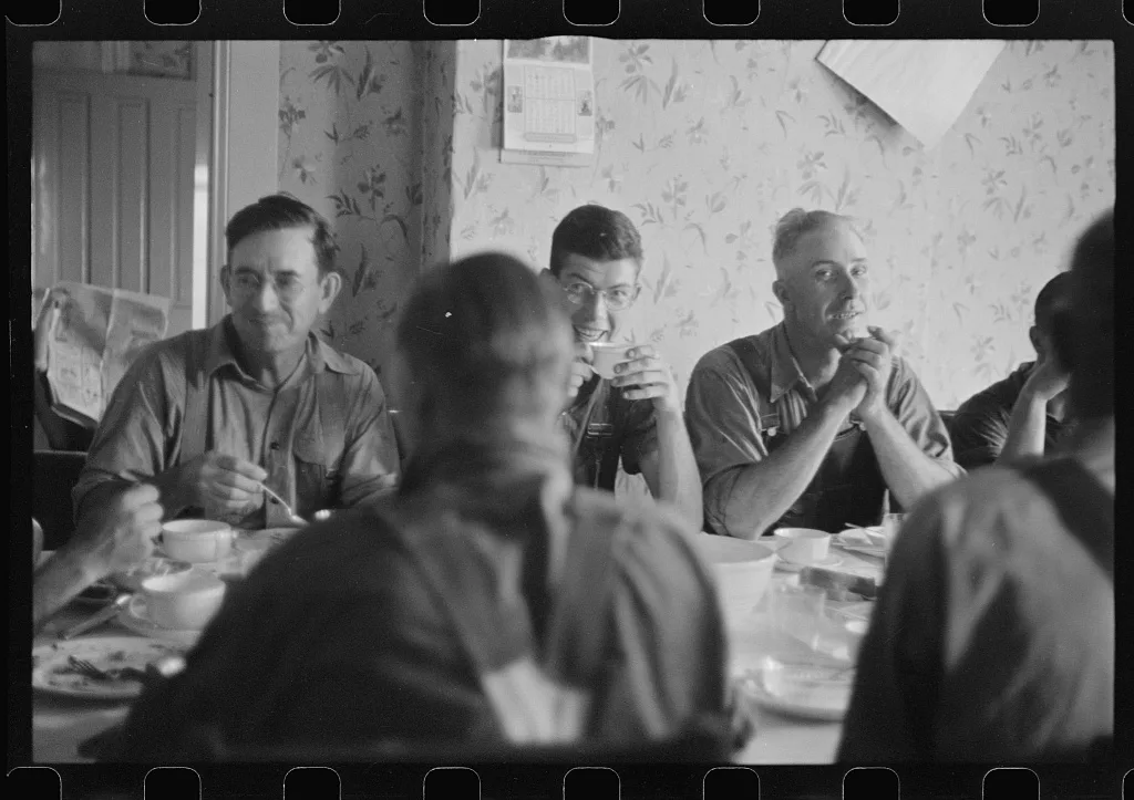 [Untitled photo, possibly related to: Dinner during wheat harvest…, Ohio, 1938