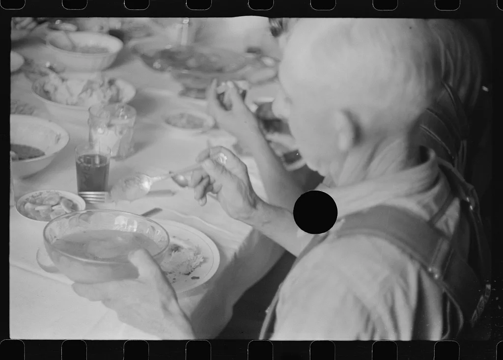 [Untitled photo, possibly related to: Dinner during wheat harvest…, Ohio, 1938
