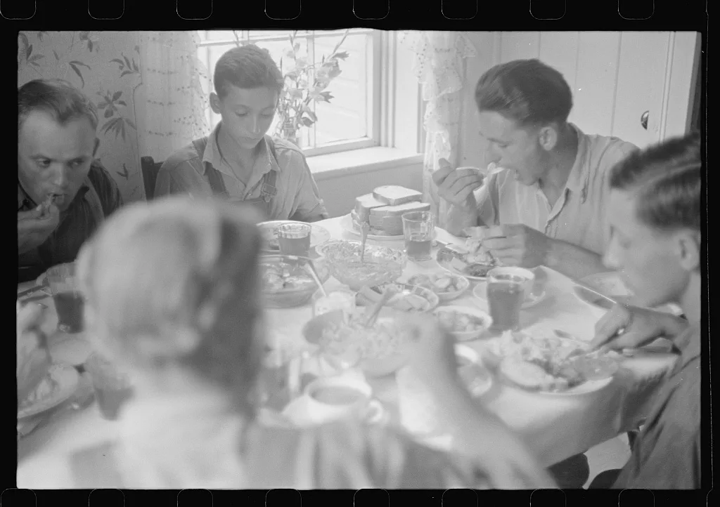 [Untitled photo, possibly related to: Dinner time during wheat…, Ohio, 1938