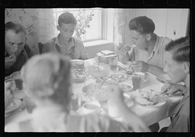 [Untitled photo, possibly related to: Dinner time during wheat…, Ohio, 1938