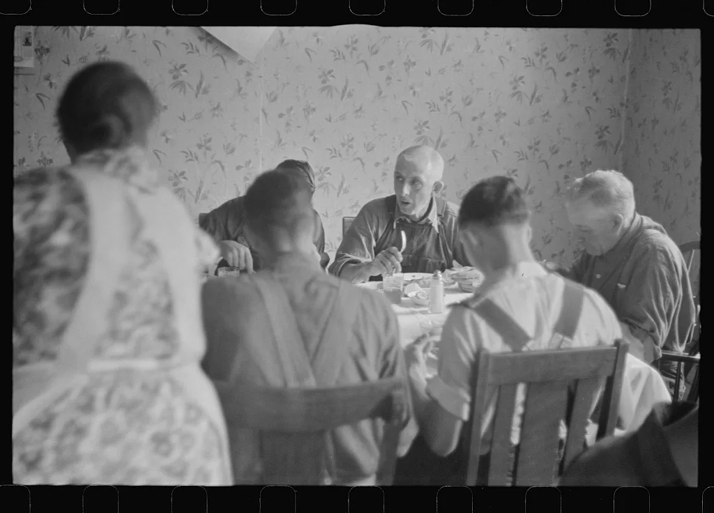 [Untitled photo, possibly related to: Dinner time during wheat…, Ohio, 1938