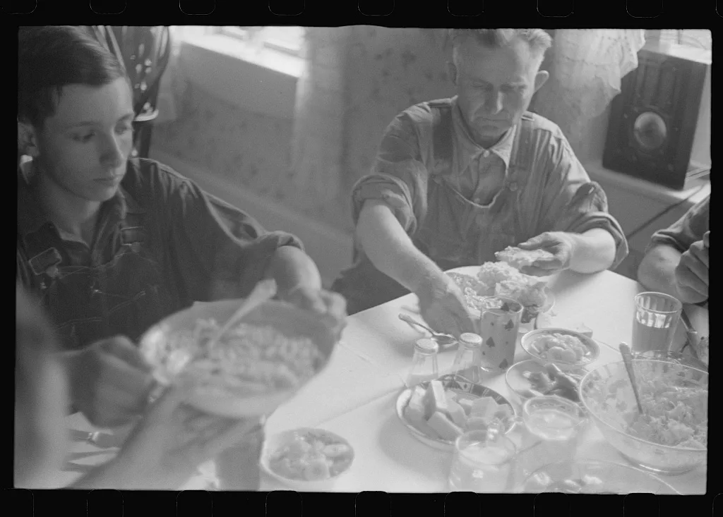[Untitled photo, possibly related to: Dinner time during wheat…, Ohio, 1938