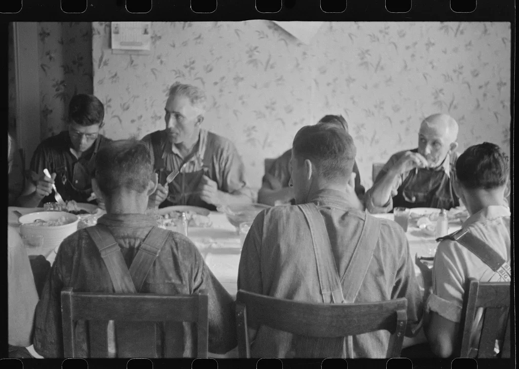 [Untitled photo, possibly related to: Dinner during wheat harvest…, Ohio, 1938