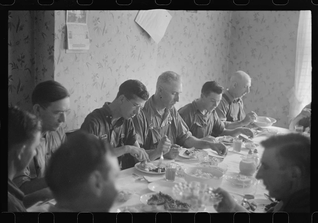 [Untitled photo, possibly related to: Dinner during wheat harvest…, Ohio, 1938