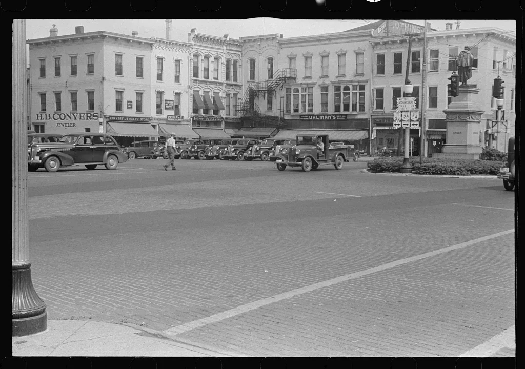 [Untitled photo, possibly related to: Business district of Urbana,…, Ohio, 1938