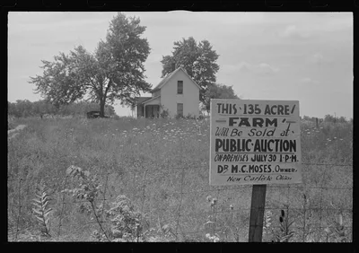 Sign advertising farmland auction, New Carlisle [i.e. Marysville],…, Ohio, 1938
