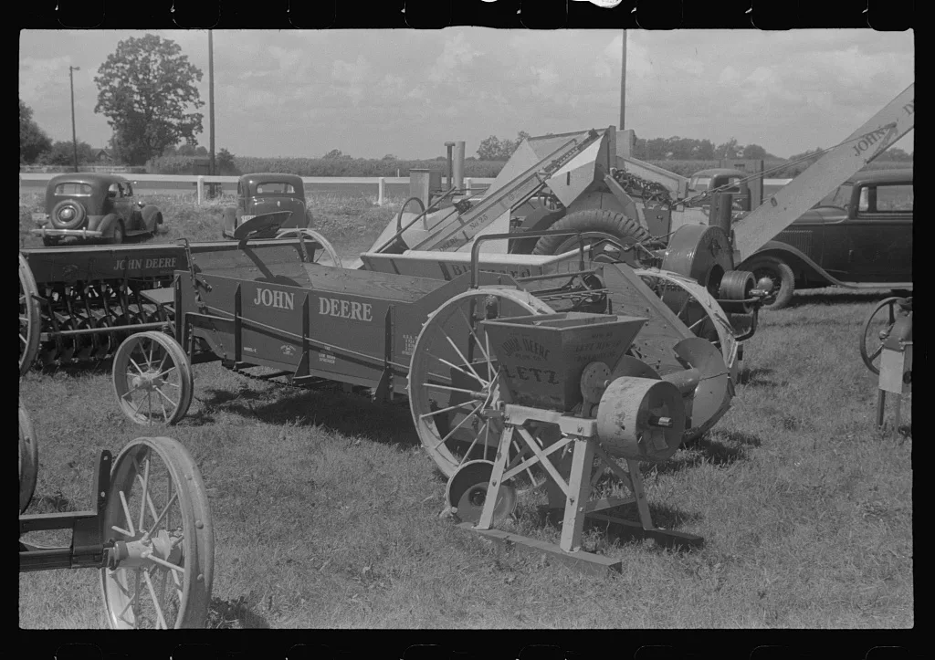 Farm machinery display at county fair, central Ohio, 1938