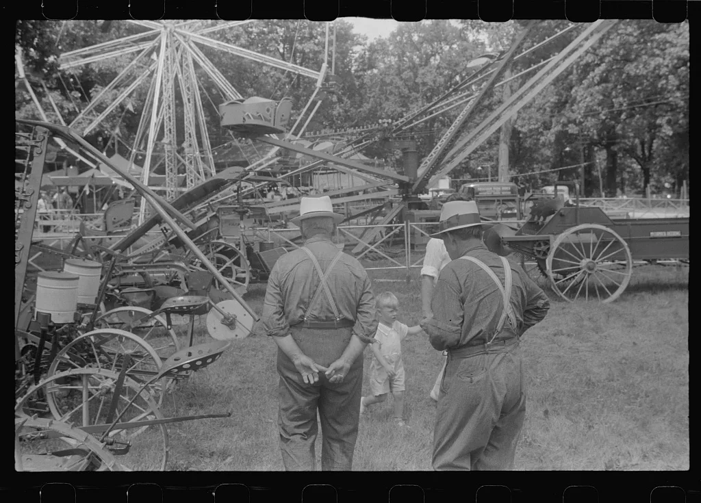 [Untitled photo, possibly related to: Farm machinery display at…, Ohio, 1938