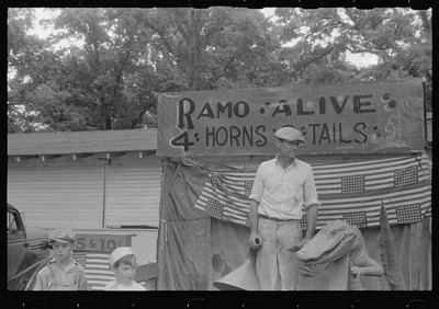 Sideshow attraction, county fair, central Ohio, 1938