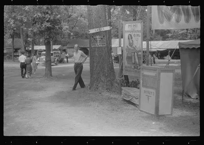 Sideshow, county fair, central Ohio, 1938