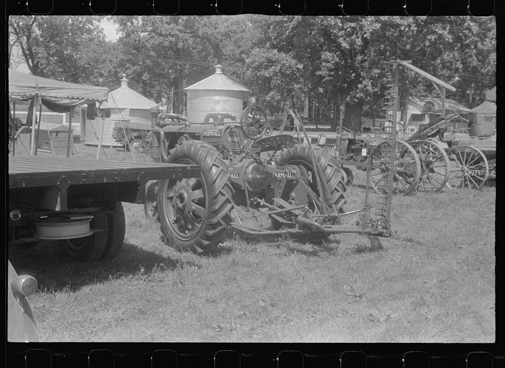 Farm machinery at county fair, central Ohio, 1938
