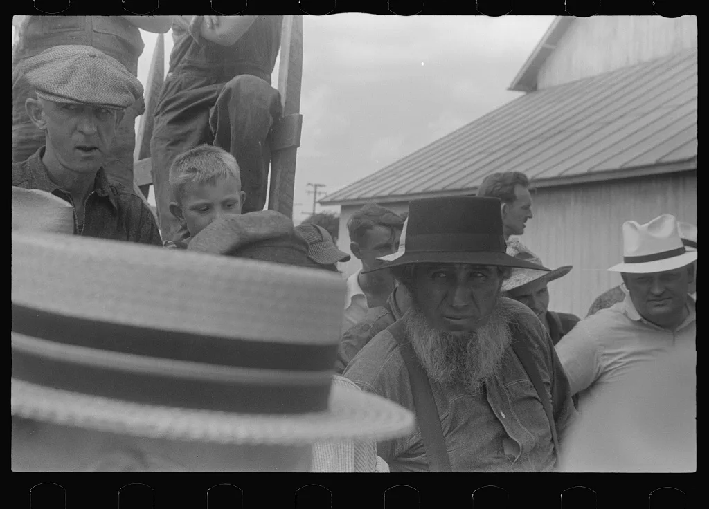 Farmers at public auction, central Ohio, 1938