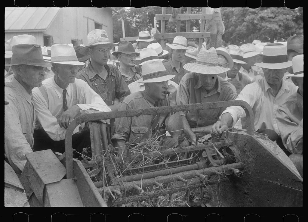 Farmers at public auction, central Ohio, 1938