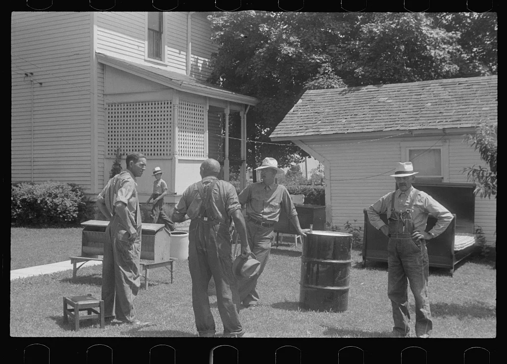 Waiting for public auction to begin, central Ohio, 1938