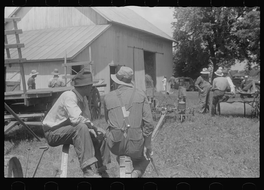 Waiting around for public auction to begin, central Ohio, 1938