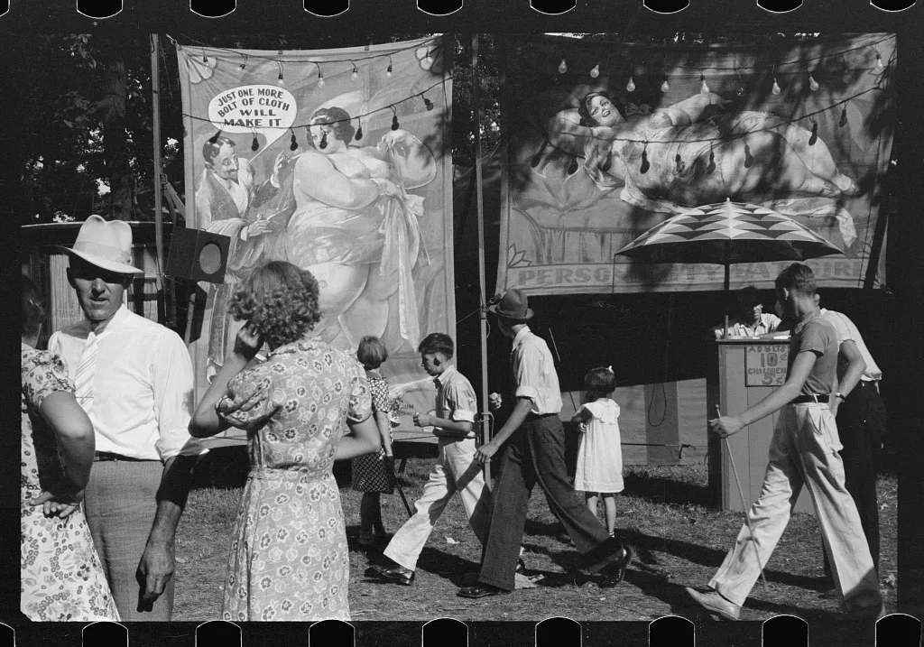 Sideshow, county fair, central Ohio, 1938