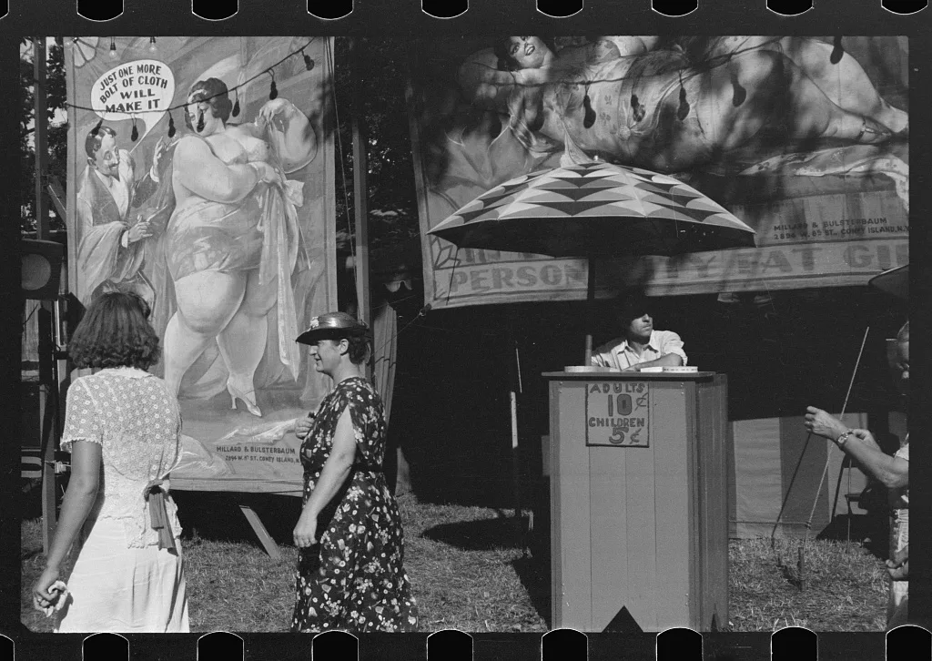 [Untitled photo, possibly related to: Sideshow, county fair, central…, Ohio, 1938