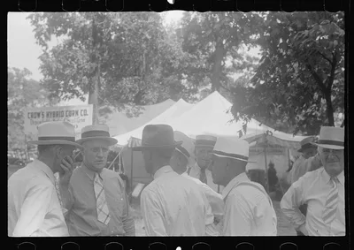 [Untitled photo, possibly related to: Farmers talking at county fair,…, Ohio, 1938