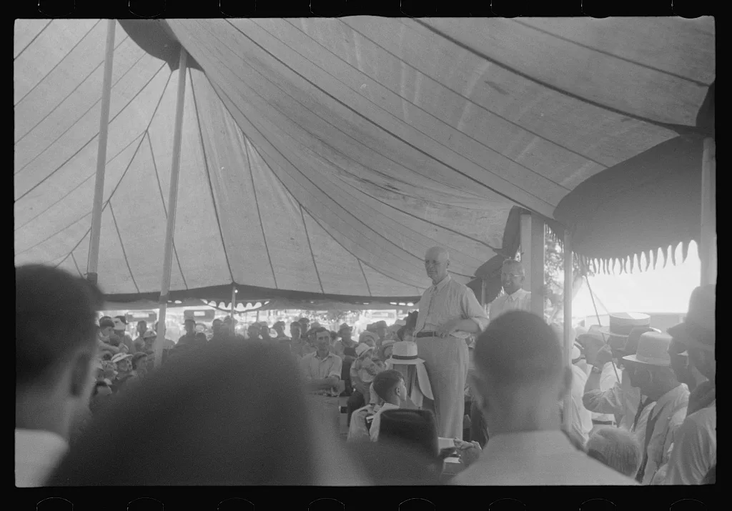 [Untitled photo, possibly related to: Spectators at sideshow, county…, Ohio, 1938