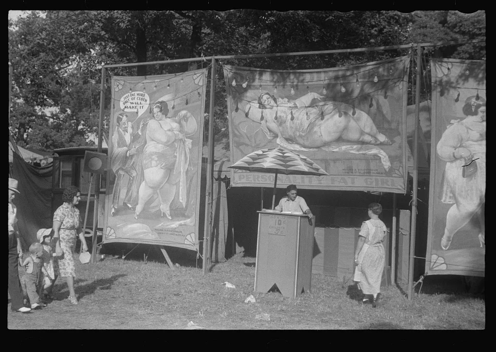 Sideshow, county fair, central Ohio, 1938