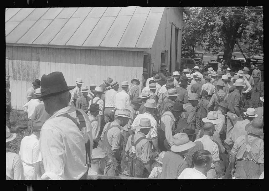Farmers at public auction, central Ohio, 1938